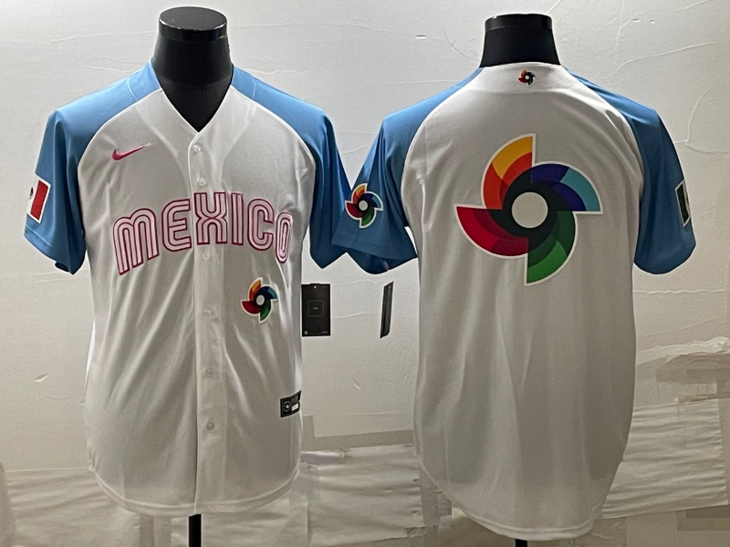 Men's Mexico Baseball 2023 White Blue World Baseball Big Logo With Patch Classic Stitched Jersey